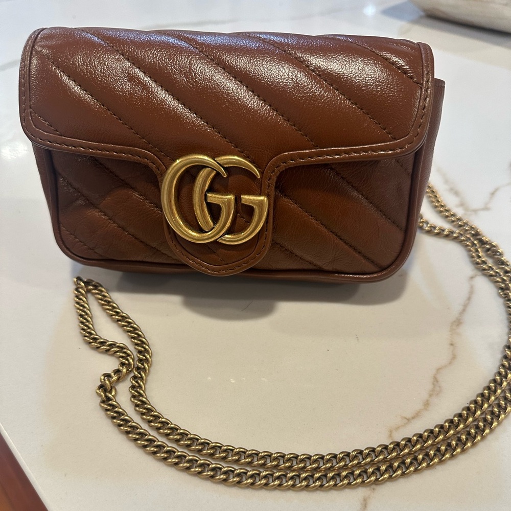 Gucci Brown Leather Crossbody Bag with Gold Chain
